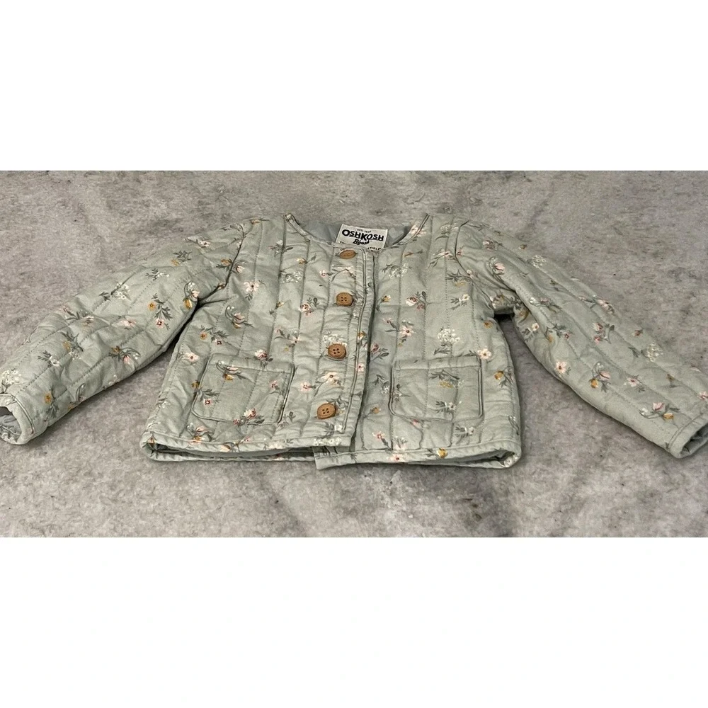 OshKosh B'gosh Jacket Girls 2T Green Floral Quilted Button Front Pockets Cottage